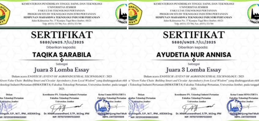 Mahasiswa Teknologi Pangan Raih Juara 3 Lomba Essay Nasional ENOTECH 2025